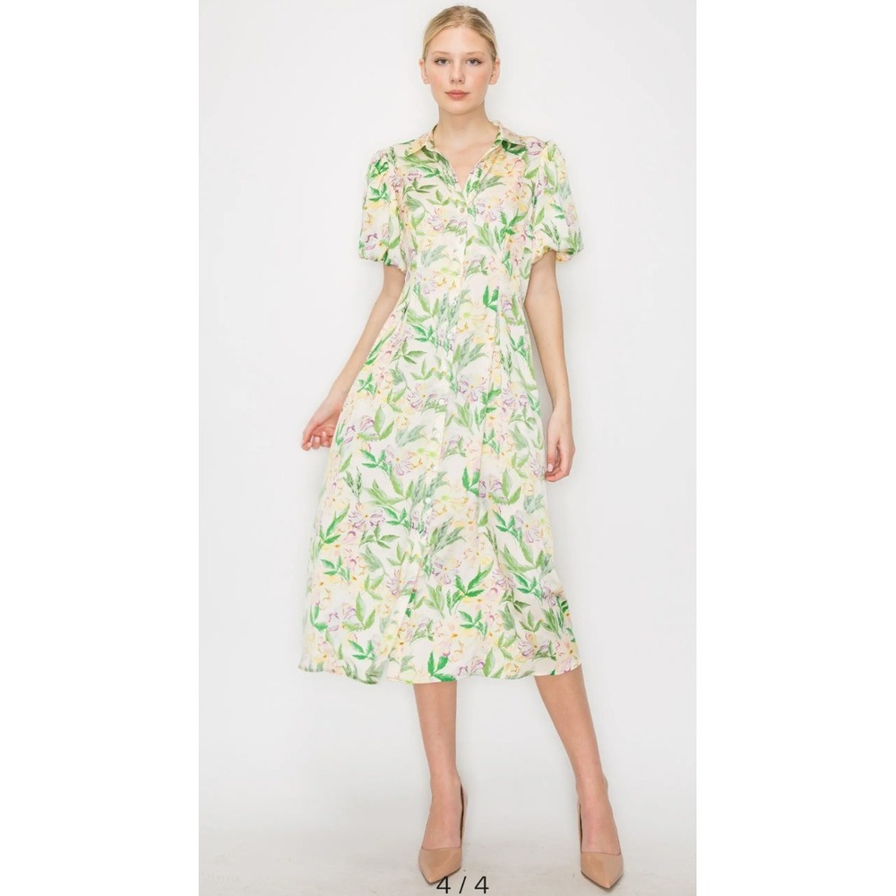 Melloday Bell Sleeve Satin Shirtdress‎ Midi Spring Dainty Ivory Pastel Floral M